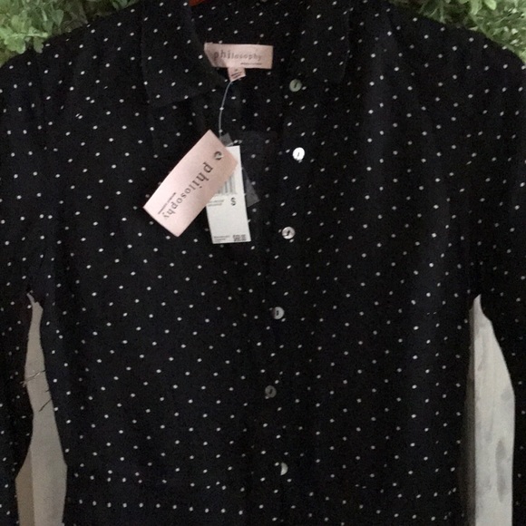 Black with dots trendy tunic button down top S - Picture 2 of 8